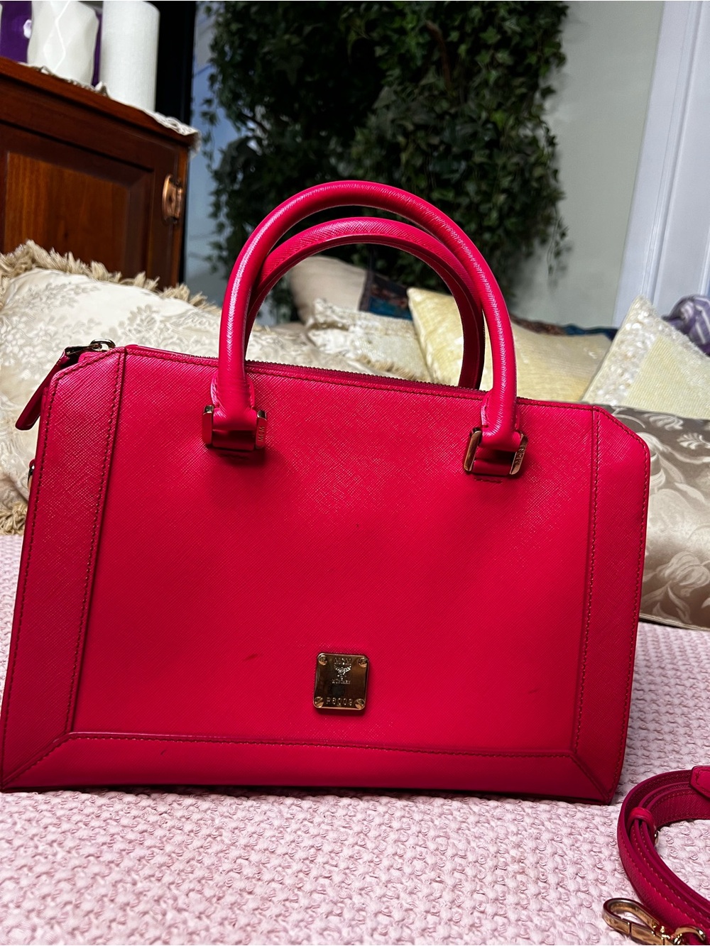 MCM Saffiano Nuovo Pink Leather 2-Way Satchel Tote Crossbody COA